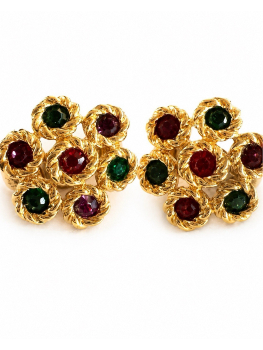 Vintage Swarovski Crystal Clip Earrings Red Green Purple Gold Tone 1” - Picture 5 of 5